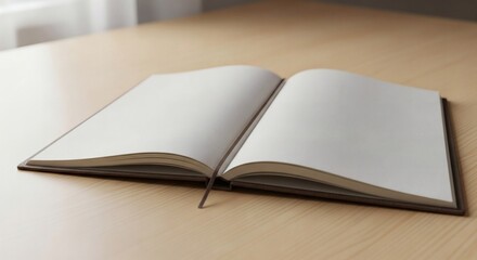Open blank notebook on wooden table, ready for writing, in morning light.