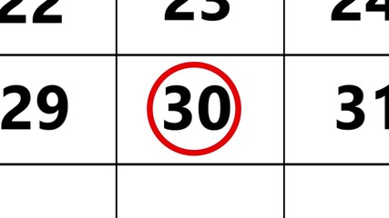 The calendar of january month 30th day is red circled,looped animation.A very important date in the calendar.Signing a day on a calendar.