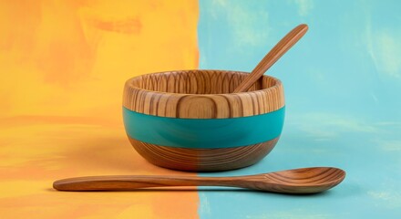 Handcrafted wooden bowl and spoons on vibrant colorful background showcasing artisan craftsmanship and minimalist design ideal for kitchen decor and healthy eating concepts