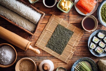 Sushi ingredients arranged on wooden table