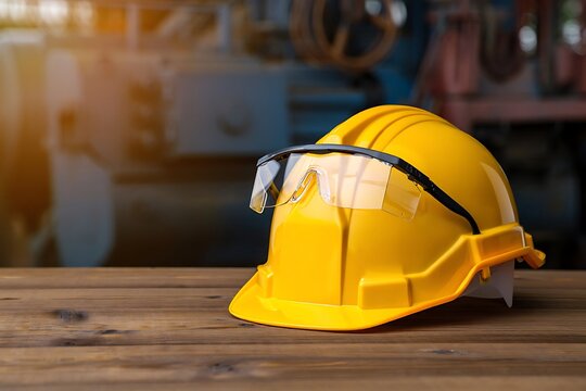 Yellow Safety Helmet with Protective Glasses on Industrial Workbench