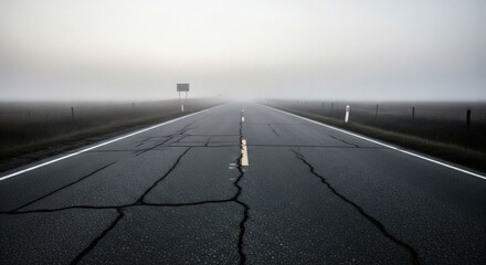 Foggy road stretches ahead on a misty morning in the countryside.