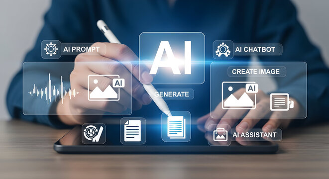 Person using a digital tablet with AI interface showcasing AI prompt AI chatbot generate create image and AI assistant features for technology and innovation in artificial intelligence applications