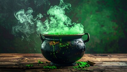 Dark cauldron bubbling green potion on wooden planks with swirling, eerie smoke against green mottled backdrop