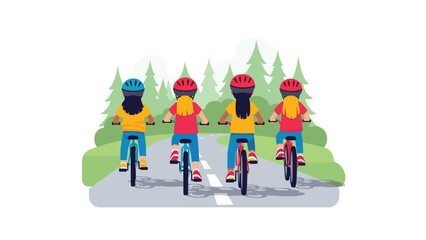 Fototapeta premium Four children enjoy bike ride adventure through scenic forest, promoting healthy lifestyle and outdoor fun for kids