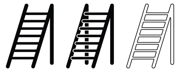 Stepladder Collection – Different Types of Metal Ladders in Black Silhouette Flat Vecto.