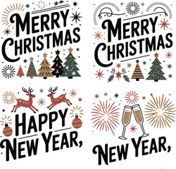 Naklejka premium Festive Holiday Season Design with Merry Christmas and Happy New Year Greetings