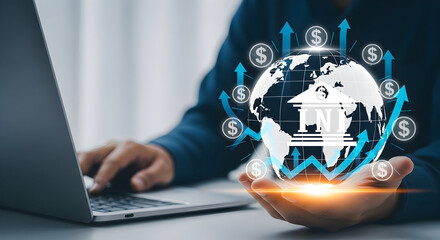 Global investment growth concept with a person using a laptop and holding a globe with dollar signs and upward arrows representing financial success and international market expansion opportunities