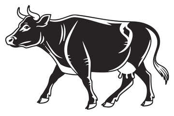 Stylized black and white illustration of a cow walking