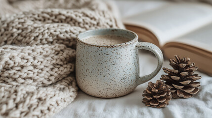 A cozy scene featuring a speckled blue mug filled with a warm beverage, nestled beside a soft knit blanket and decorative pine cones, paired with an open book.