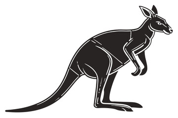 Stylized black kangaroo illustration with white accents on a black background