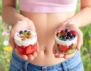 Woman holding two glasses of layered desserts with fresh fruits and yogurt