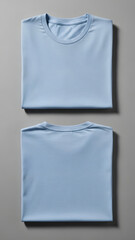 Two neatly folded light blue t-shirts, one showing the front and the other the back, on a grey background.