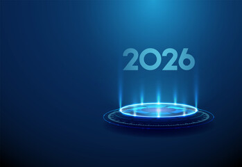 Happy New Year greeting card with number 2026 glowing on sci-fi neon futuristic podium.