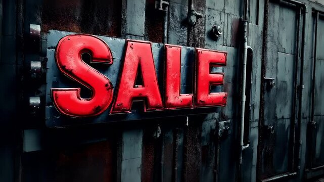 Holiday shopping season. Retail business promotion concept. A closeup shot of a weathered metal door with a red SALE sign affixed to it.