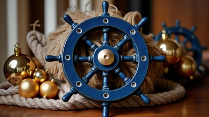 Obraz premium A navy blue ship's wheel decorated with gold Christmas ornaments on a wooden desk, decorative, rope, sailboat 
