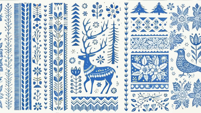 Blue and white folk art illustration featuring deer bird and floral elements in a repeating pattern design