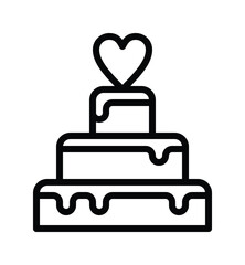A minimalist line drawing representing a wedding cake. The cake has three layers and is adorned with a heart shape on top, symbolizing love and celebration. Love and Wedding single line icon UI design