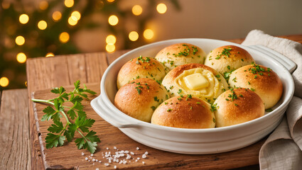 Christmas dinner rolls with garlic butter and herbs in a round baking dish, served warm on rustic wooden table. Cozy festive holiday concept.