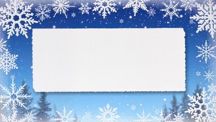 Christmas winter background with snowflakes and torn paper space in center on blue snowy sky and tree silhouettes. Festive template for text