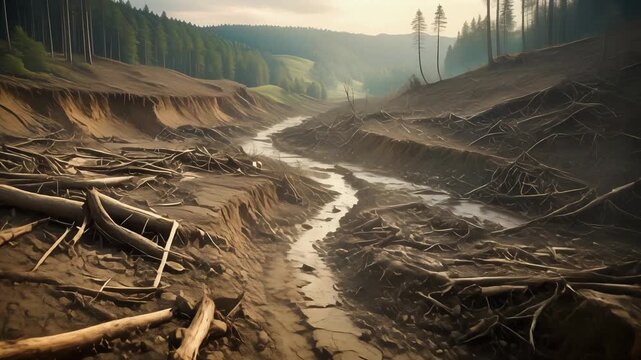 A stream flows through a deforested landscape, showing the environmental impact of logging and deforestation.