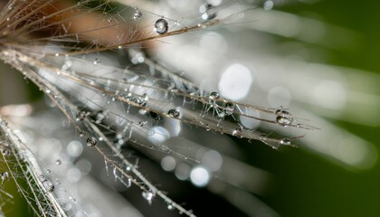A macro photograph of delicate, fluffy dandelion seeds covered in sparkling morning dew drops against a blurred green background.