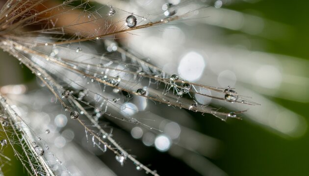 A macro photograph of delicate, fluffy dandelion seeds covered in sparkling morning dew drops against a blurred green background.