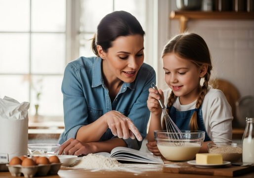 Mother and daughter baking together in kitchen. Woman showing girl recipe in cookbook. Home cooking and family bonding concept.