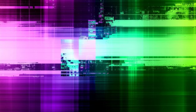 A vibrant abstract background featuring digital glitch effects in glowing pink and green hues.