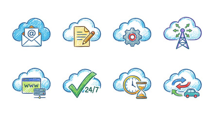 Cloud Digital Functions Sketch Icons Set