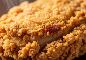 Closeup of a crispy and golden fried chicken piece, showcasing its textured surface and inviting appearance, perfect for food photography enthusiasts