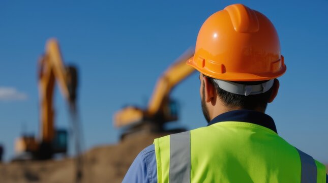 Engineer in high vis gear helmet watching over highway development machinery operating progress being made blue sky backdrop behind view. Highway construction oversight a safety