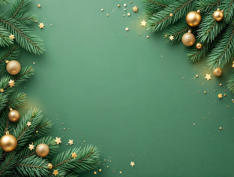 Festive Christmas Background Fir Branches, Golden Ornaments and Star Confetti on Green.