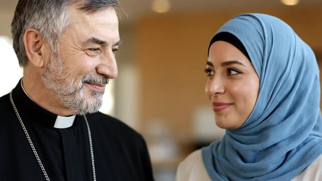Smiling clergyman and woman in hijab share a respectful moment