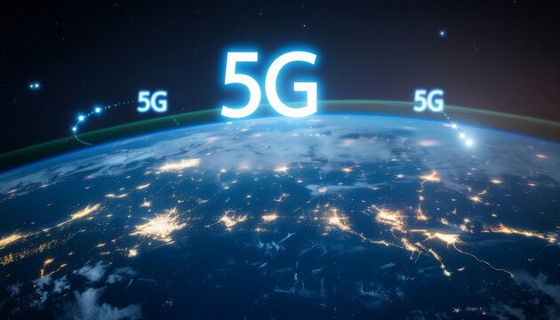 Futuristic concept of 5G global network communication connecting the planet Earth from orbit.