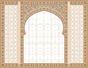 Decorative arched doorway in beige tones, with intricate geometric patterns and floral borders