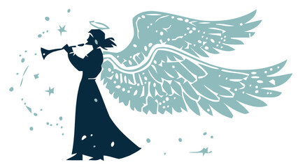 Elegant angel silhouette blowing trumpet, spreading joy and peace, originally a scalable vector graphic perfect for holiday cards and spiritual designs