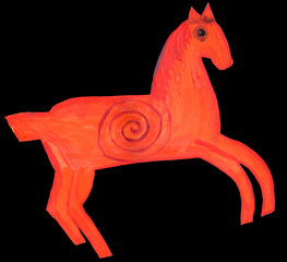 Red horse, Chinese 2026 New Year's symbol, isolated on a black background. Hand drawn Gouache painting