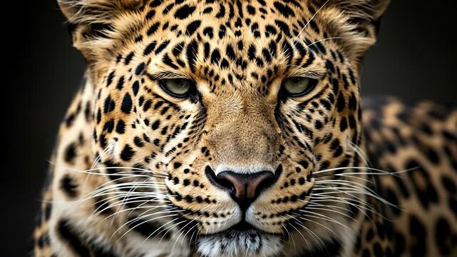 Close-up of a majestic leopard with striking spotted fur and intense gaze, showcasing its powerful and beautiful features.