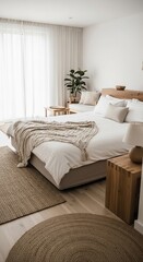 Fototapeta premium A bright bedroom with a wooden bed frame and a knitted blanket with natural fiber rugs on the floor