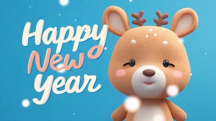 Cute cartoon reindeer wishing Happy New Year 3D rendering illustration for holiday greeting cards and seasonal designs against a blue background with snow - Powered by Adobe