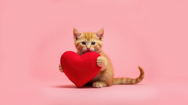 Ginger kitten hugging toy red heart. Cute cat on pink background. Valentine's Day love concept. Banner, advertisement, billboard for animal shelter, veterinary clinic