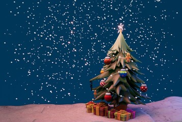 Decorated Christmas Tree with Gifts Under Snowy Winter Night Sky