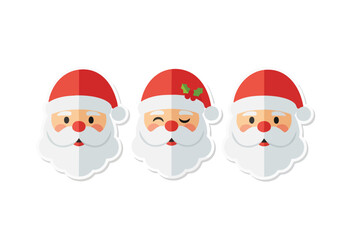Three charming santa claus faces in flat icon design style on a plain white background for your holiday season creative projects and seasonal