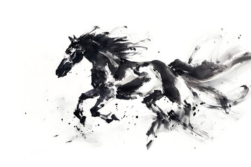勢いよく駆ける馬を墨のタッチで描いたダイナミック構図