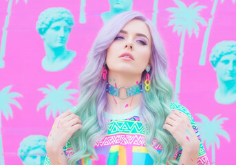 Fototapeta premium Young woman with pastel hair in vaporwave style. Vibrant aesthetic and retro futurism. Fashion and subculture concept.