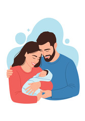 Obraz premium Happy young family portrait of a smiling mother and father lovingly holding their newborn baby wrapped in a blue blanket.