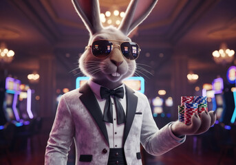 Rabbit in a tuxedo and sunglasses holding poker chips in a casino. Cartoon character concept for gambling and entertainment industry.