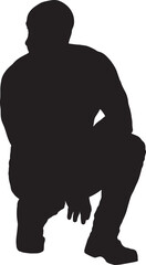 vector, silhouette of a front view of a man looking away and sitting squatting