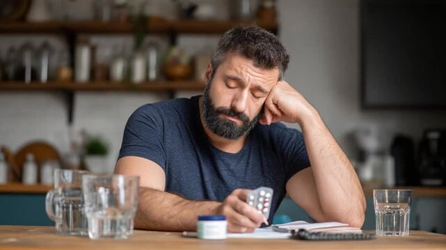 Weariness and Remedy: A person, burdened by the weight of fatigue, contemplates the necessary remedy with a sense of dejection and introspection. The scene portrays the need for support.